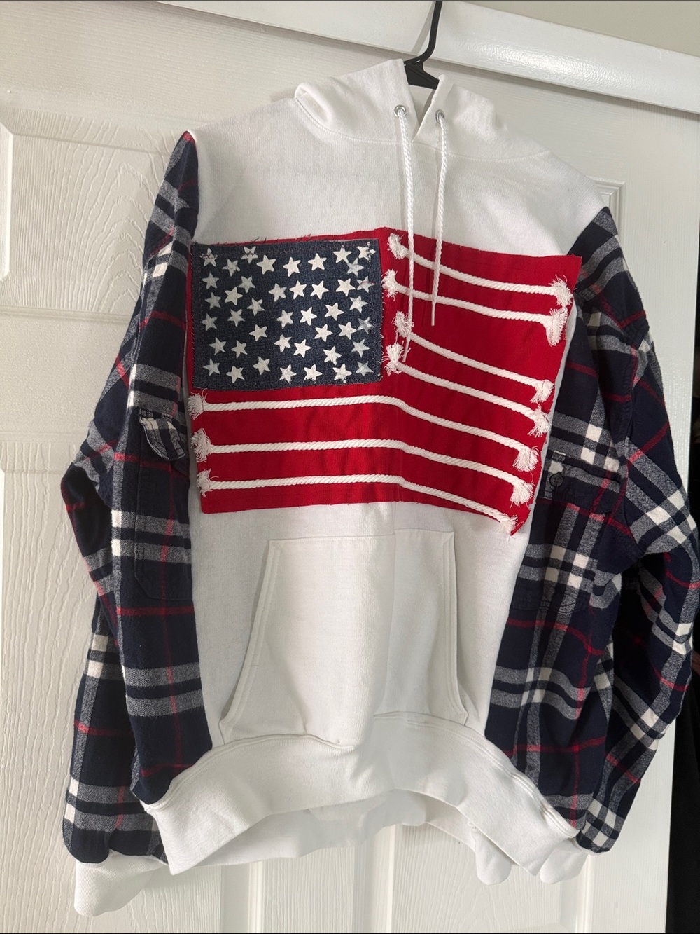 Upcycled, one of a kind, oversized American Flag Hoodie with Flannel Sleeves